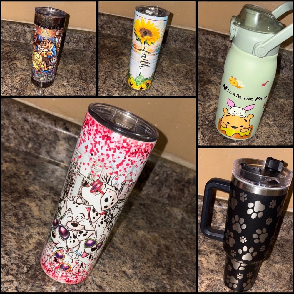 Assorted Decorative Tumblers - Floral, Animal & Paw Print Designs all 5 for $15